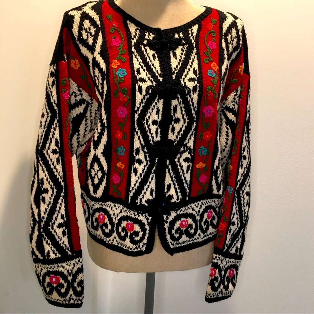 Knitting Needles hand-knit chunky Cardigan Sweater round neck sz L‎